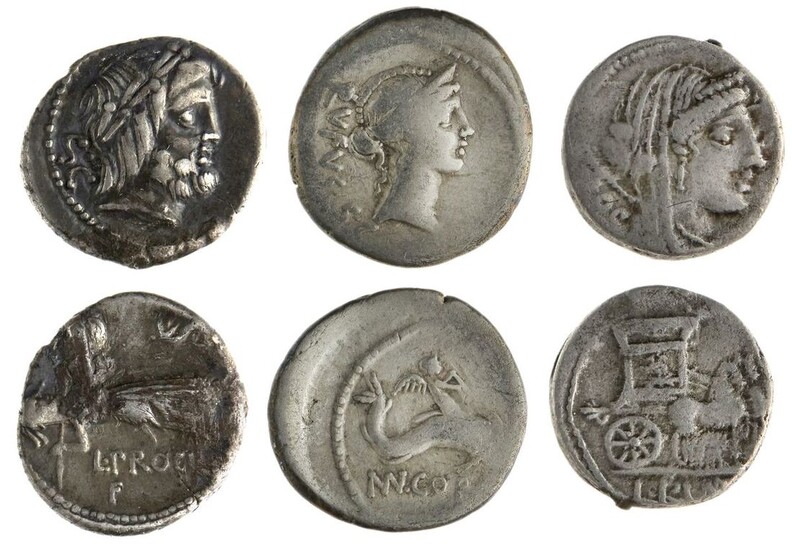 Rome. Trio of AR Moneyer Denarii. Republic. L. Rubrius Dossenus, 87 BC. 3.8 gms. Veiled head of...