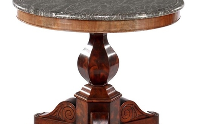 (-), Round mahogany veneer center table with marble...