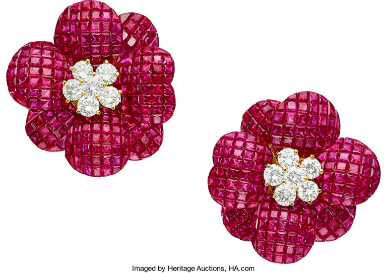 Ruby, Diamond, Gold Earrings The flower earrings feature calibré-cut...