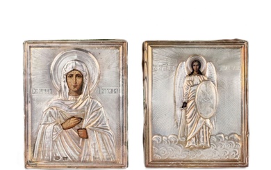 Russian icons in silver of Saints Tatiana and Archangel Michael.