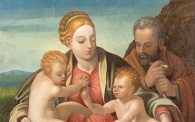 Scuola Toscana del XVII secolo ( - ) Sacra Famiglia con San Giovannino olio su tela applicata su tavola di epoca posteriore cm 73x58
