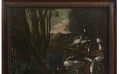 Scuola del secolo XVII "Cacciagione con fucile" olio su tela (cm 98x131,5). In cornice (difetti e restauri)