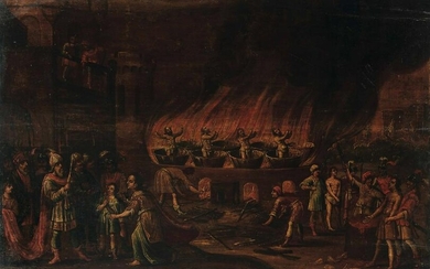 Scuola fiamminga XVII secolo, Notturno con scena di