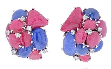Seaman Schepps 14K White Gold Cluster Sapphire And Ruby Earrings