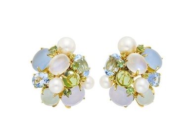 Seaman Schepps Pair of Gold, Multicolored Stone and Cultured Pearl 'Large Bubble' Earrings