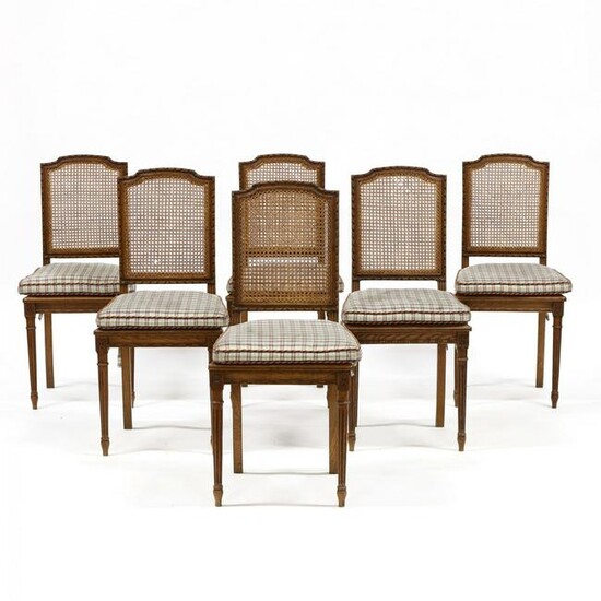 Set of Six Louis XVI Style Oak and Cane Dining Chairs