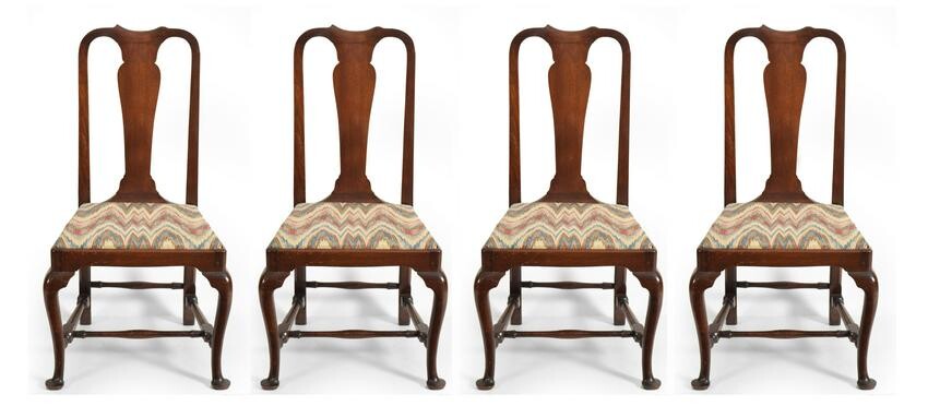 Set of four Queen Anne walnut side chairs, probably