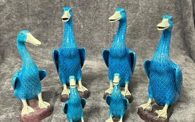 Set of six Chinese turquoise glazed porcelain duck figures, ...