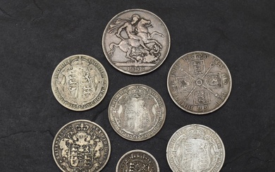 Seven GB Silver Coins, Queen Victoria 1892 Crown, 1890 Double Florin, 1825, 1920, 1922 & 1923 Silver