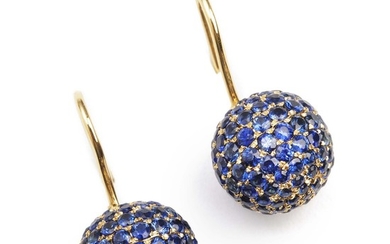 Shamballa: A pair of sapphire ear pendants each with a bead set with numerous circular-cut sapphires, mounted in 18k gold. Bead diam. app. 10 mm. (2)