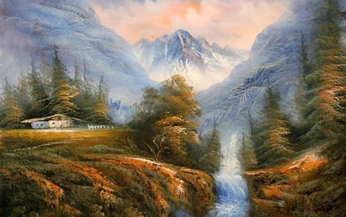 Shumu Fu, Waterfall with Cabin in Autumn Forest (3), Oil on Canvas