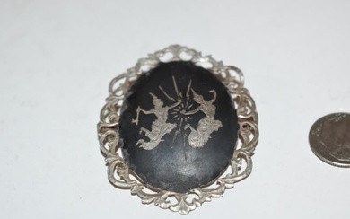 Siam Vintage 925 Sterling Silver Black Enamel Niello Dancers Filigree Brooch Pin