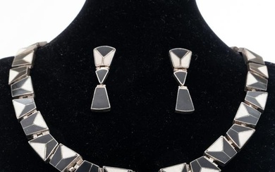 Signed Acleoni designer Sterling and Onyx Necklace and Earring set