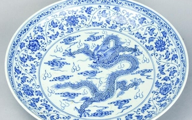 Signed Chinese Blue & White Five Claw Dragon Bowl