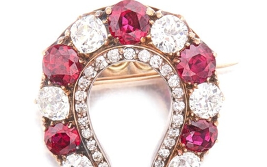 Silver-Topped Gold, Ruby and Diamond Brooch