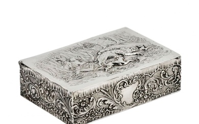 Silver cigar box with a boar-baiting scene. The turn of...