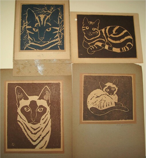 Six mid 20thc Wood cut block prints "Cats" Mary Nash Dodson AkA Alexina Casper estate GC3A