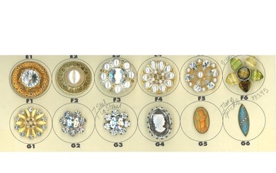 Small card of assorted Div 1 & 3 glass in metal buttons