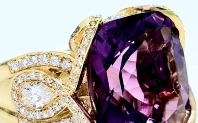 Sparkle! Amethyst Diamond Ring - 14 kt. Yellow gold - Ring - 12.19 ct Amethyst - 1.25 ct Diamonds D VS