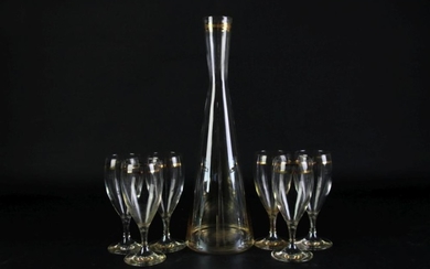 Suite of retro smokey glass drinking wares incl. decanter