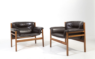 TITO AGNOLI. Two black wooden armchairs. 1960s