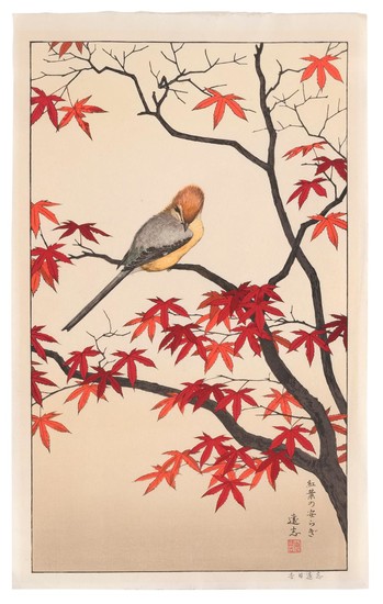 TOSHI YOSHIDA Depicting a sparrow in a red maple tree. Unframed.