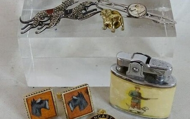 TRAY LOT OF DOG FIGURAL JEWELRY INC. GREYHOUND PIN AND