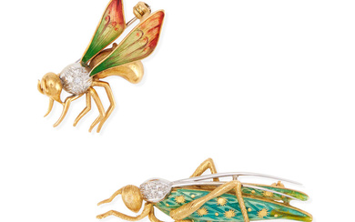 TWO 18K BI-COLOR GOLD, DIAMOND AND ENAMEL BUG BROOCHES
