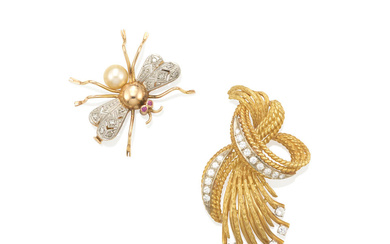 TWO BI-COLOR GOLD, DIAMOND AND GEM-SET BROOCHES