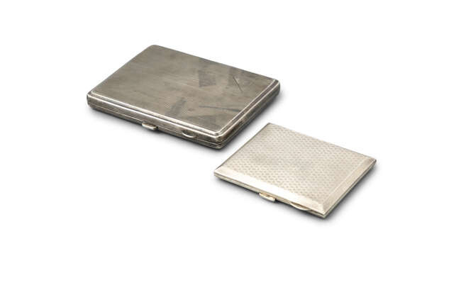TWO ENGINE TURNED SILVER CIGARETTE BOXES, - the...