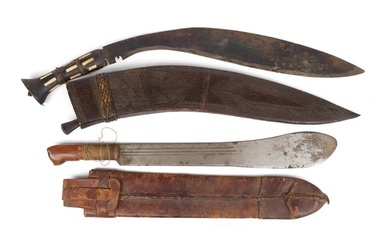 TWO FOREIGN UTILITY KNIVES WITH SCABBARDS.