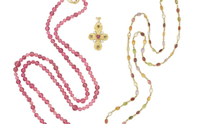 TWO GOLD AND GEM-SET NECKLACES WITH A GOLD AND GEM-SET...