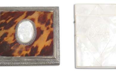 TWO MOTHER OF PEARL BOXES, CIRCA 1900 Width of box: 3 5/8 in. (9.2 cm.), Width of cigarette case: 2 1/2 in. (6.4 cm.)