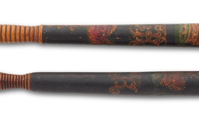 TWO PAINTED AND GILT WOOD VICTORIAN TRUNCHEONS, THIRD QUARTER 19TH CENTURY