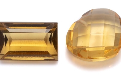 TWO UNSET CITRINES; 6.66ct rectangular step cut 9.05 x 13.92 x 6.4mm, 8.68ct heart shape chequerboard cut, 13 x 14.38 x 7.35mm.