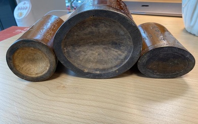 Three Chinese bamboo brush pots. Bitong. All with incised calligraphy. 19th century....
