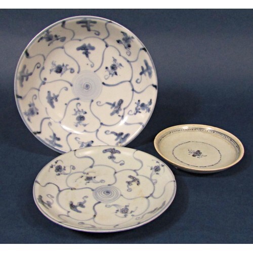 Three blue and white dishes raised from the Tek Sing Cargo, ...