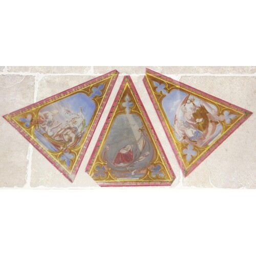 Three hand-painted polychrome glass panels, probably 19th ce...