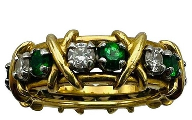 Tiffany & Co. Schlumberger Yellow Gold Platinum Diamond Emerald X Band Ring