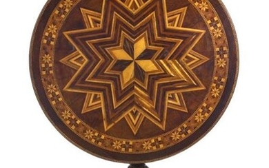 Tilting top table in marquetry