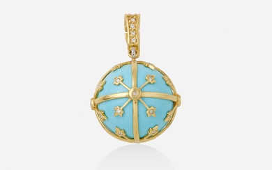 Turquoise, diamant et pendentif en or La sphère de turquoise, entourée d'or et de diamants...