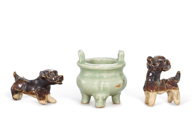 Two black-glazed dogs, Jin dynasty, and a small Longquan celadon tripod incense burner, Yuan dynasty 金 黑釉犬兩件 及 元 龍泉青釉三足小爐一件