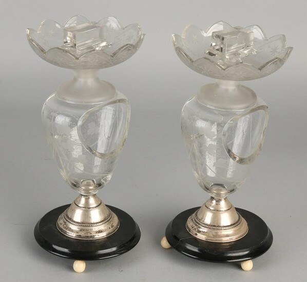 Two elegant crystal match holders with etched floral