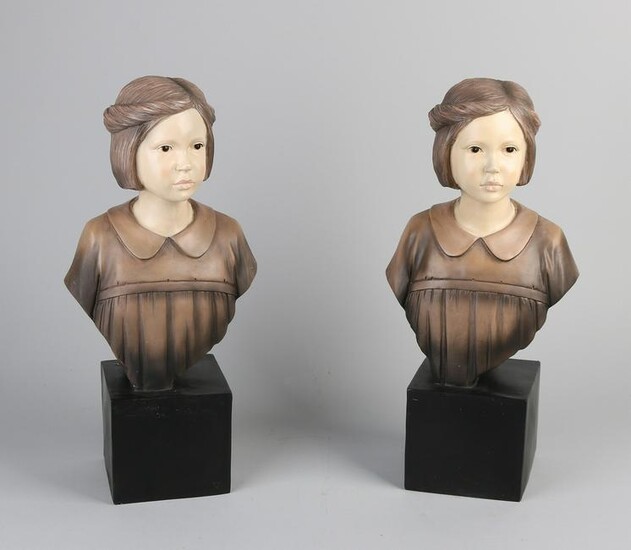 Two plastic painted busts. 21st century. Size: 42 cm.