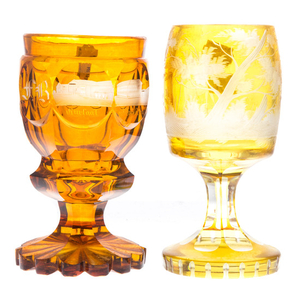 Two stained acid etched cut to clear glass goblets