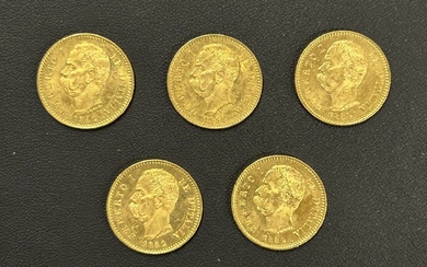 Un lot de 5 pièces de 20 Lires OR Italie Umberto Ier 1882 (5) PN....