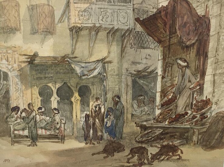 SOLD. Unknown painter, 19th century: Scenery from an Arabian street. Unsigned 1840. Watercolour on paper. Frame size 43 x 34 cm. – Bruun Rasmussen Auctioneers of Fine Art