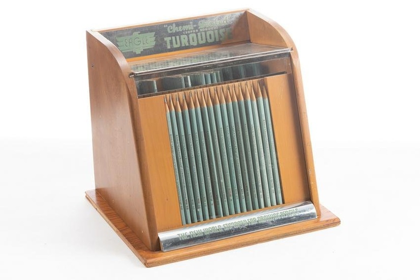 Unusual Advertising Display Case for "Eagle Pencils", approximately 100 turquoise pencils. Case is