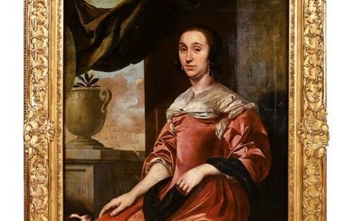 VAN DEN TEMPEL Abraham (1622-1672). (Attribué à). « Portrait de femme assise devant une colonnade...