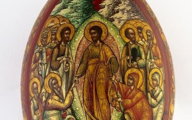 VERY FINELY PAINTED RUSSIAN LACQUER EASTER EGG SHOWING THE ANASTASIS AND ST. MICHAEL TVERSKOY